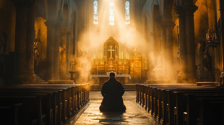 Foto sacerdote rezando en la iglesia