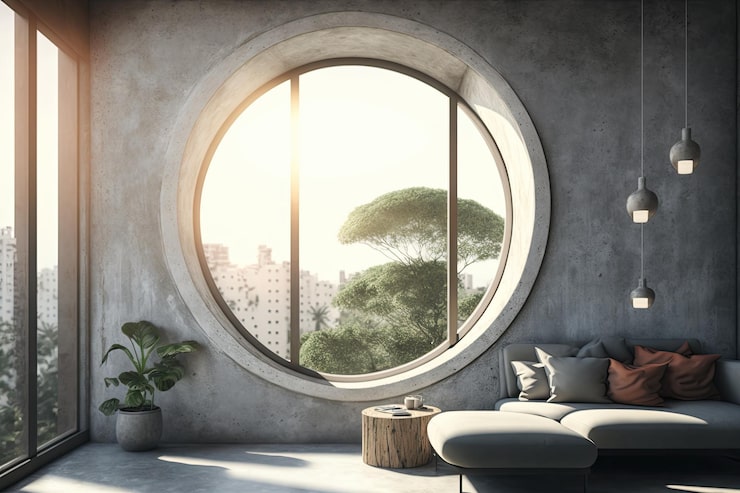 Foto sala de estar moderna con una ventana circular como su pieza central ia generativa