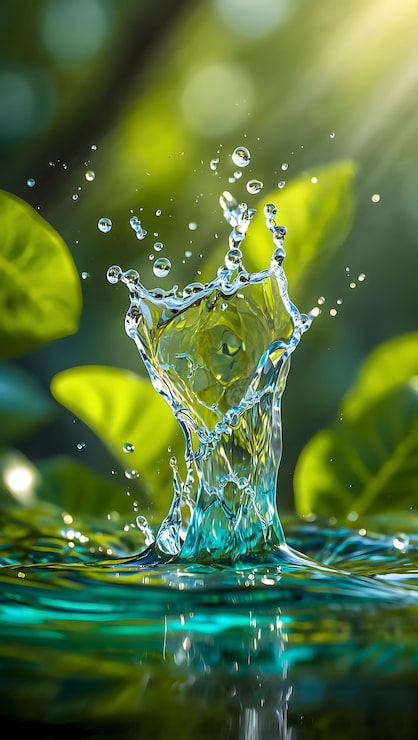 Foto salpicos de água com folhas verdes e luz solar