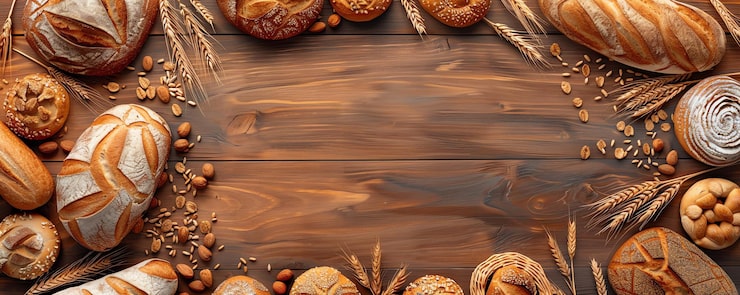 Foto una serie de variedades de pan gourmet y gavillas de trigo rústicas en una mesa de madera. ilustración de pancarta plana