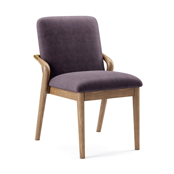 Foto una silla morada con patas de madera y un marco de madera.