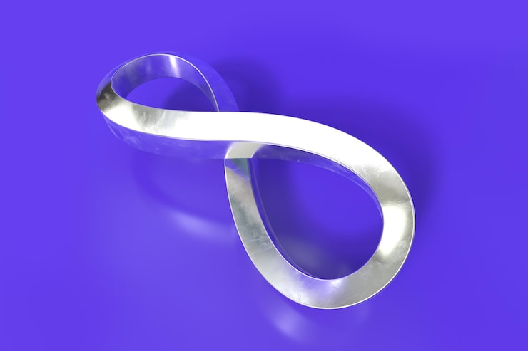Foto un símbolo del infinito compuesto por tubos cuadrados de metal brillante sobre un fondo violeta renderización 3d