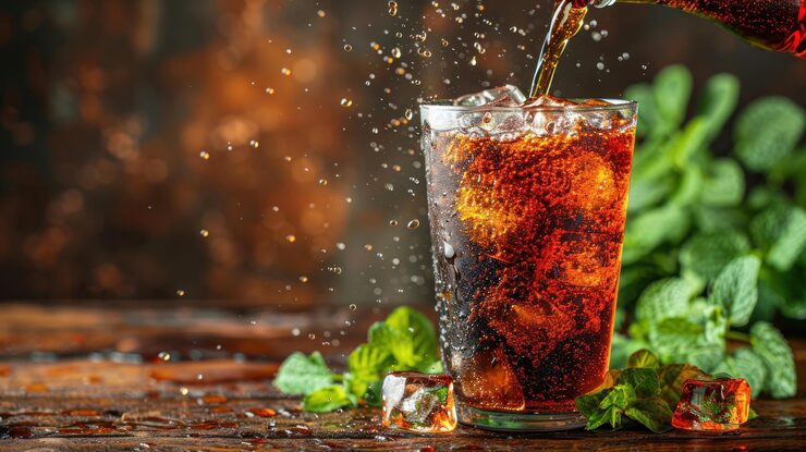 Foto soda castanha está sendo derramada sobre gelo em um copo com folhas de hortelã e gotículas de água
