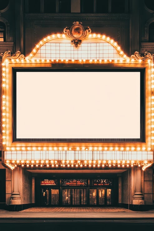 Foto tabla iluminada en blanco en la fachada de un edificio antiguo por la noche