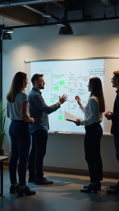 Foto tres profesionales de negocios están profundamente en discusión explorando estrategias en una gran pizarra blanca