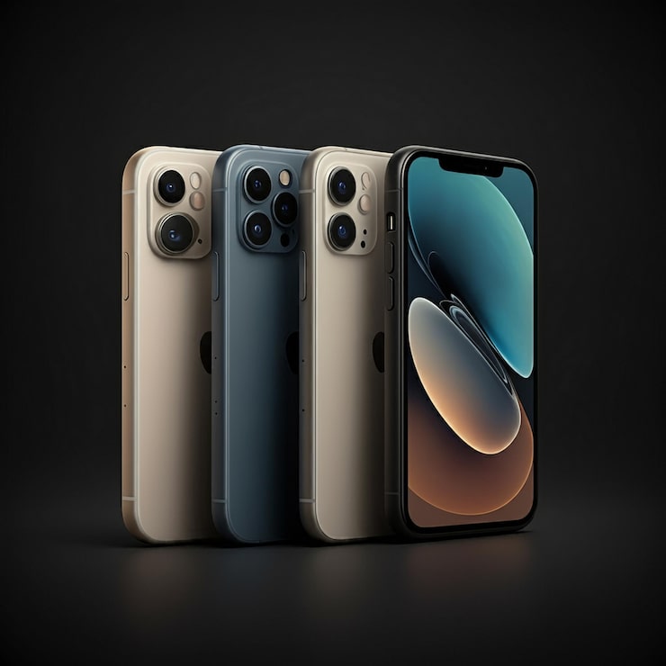 Foto tres teléfonos celulares diferentes están alineados en una fila