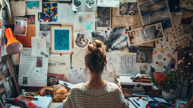Foto um artista contemporâneo está fazendo arte em uma oficina de estúdio
