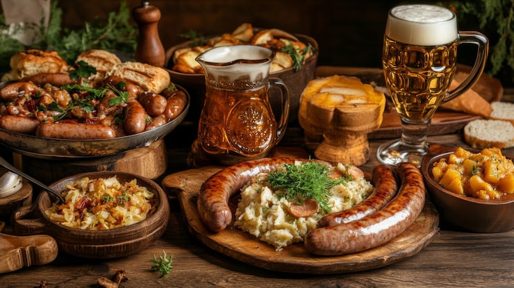 Foto um banquete rústico de salsichas, puré de batatas e cerveja