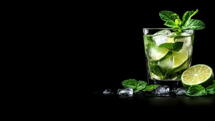 Foto um clássico coquetel de mojito com limão, folhas de hortelã fresca e gelo num copo.