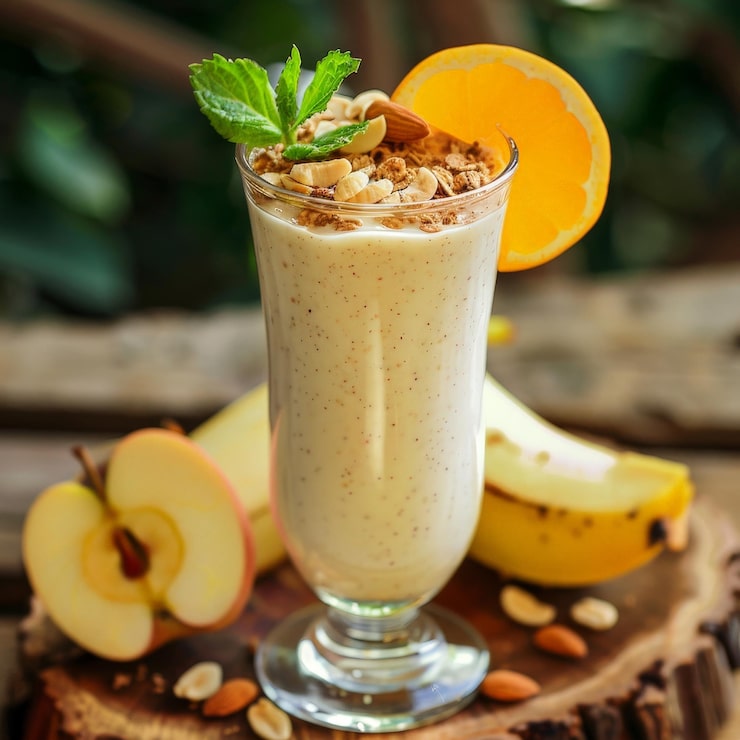 Foto um copo de milkshake com frutas e nozes