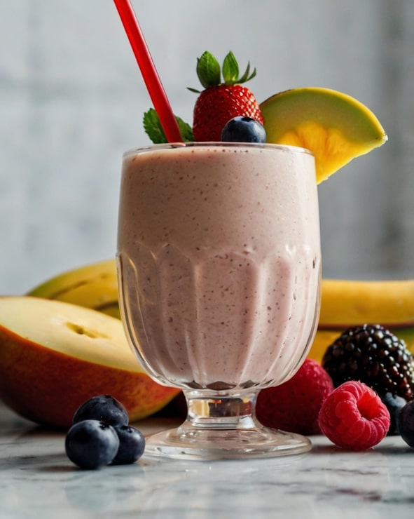 Foto um copo de milkshake com frutas