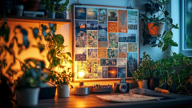 Foto um espaço de trabalho aconchegante de escritório em casa com uma mesa, uma lâmpada, plantas e um cartaz de fotos de viagem