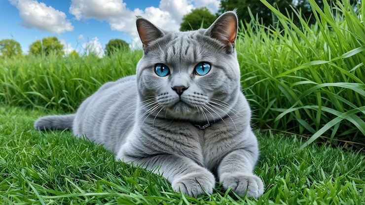 Foto um gato cinzento com olhos azuis senta-se na grama