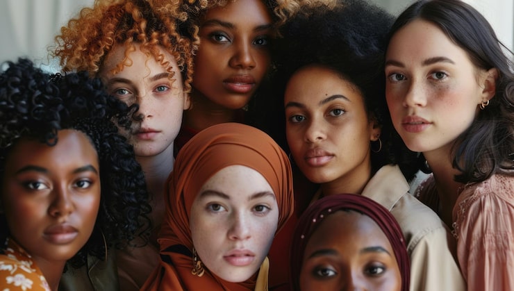 Foto um grupo diversificado de mulheres com diferentes penteados e tons de pele.