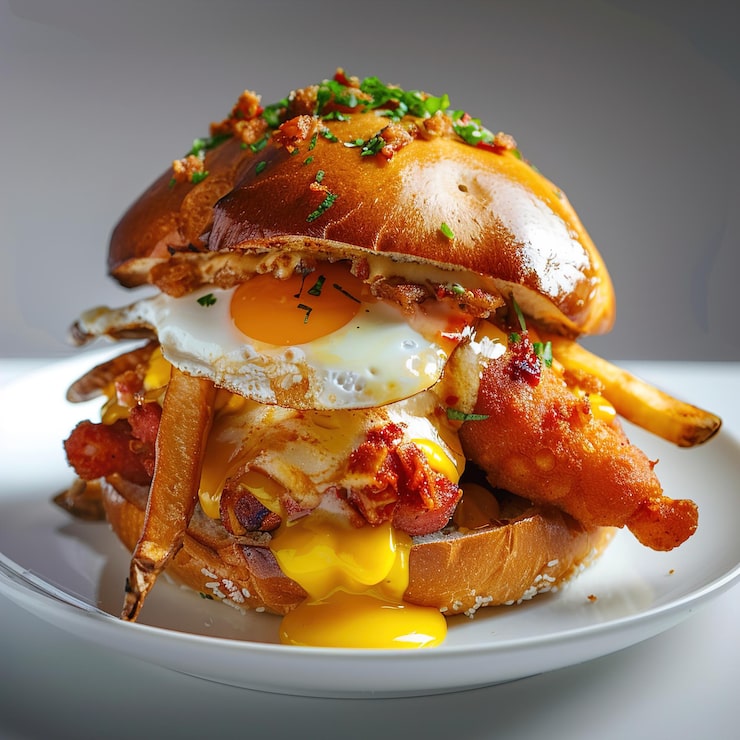 Foto um hambúrguer com ovos e bacon está em um prato