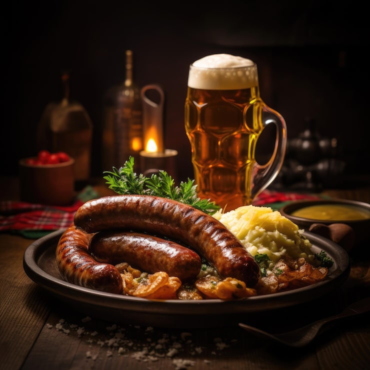 Foto um prato de comida com um copo de cerveja