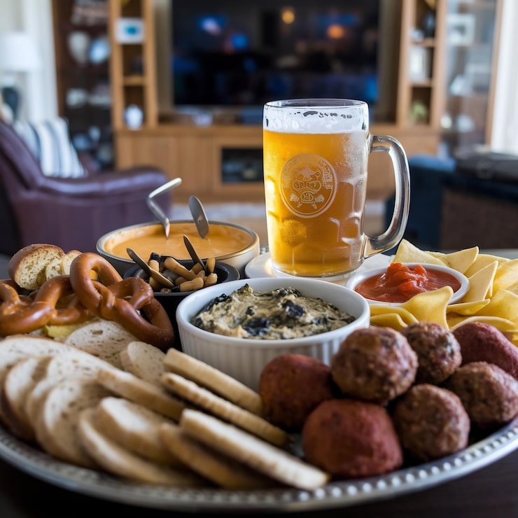 Foto um prato de uma variedade de aperitivos do dia do jogo servidos com cerveja