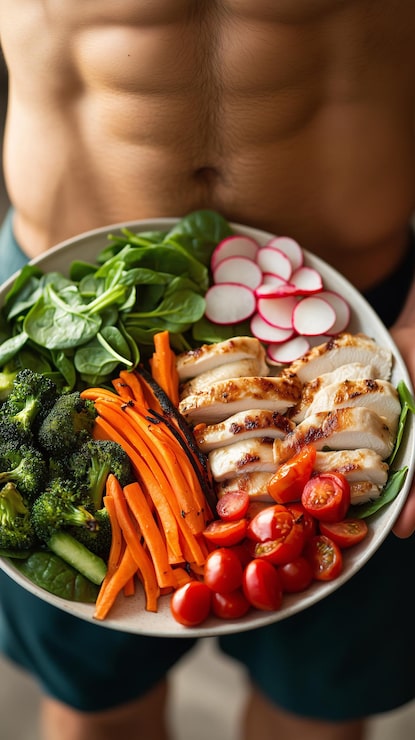 Foto um prato rico em nutrientes saudáveis, vegetais frescos e frango magro promove uma dieta equilibrada.