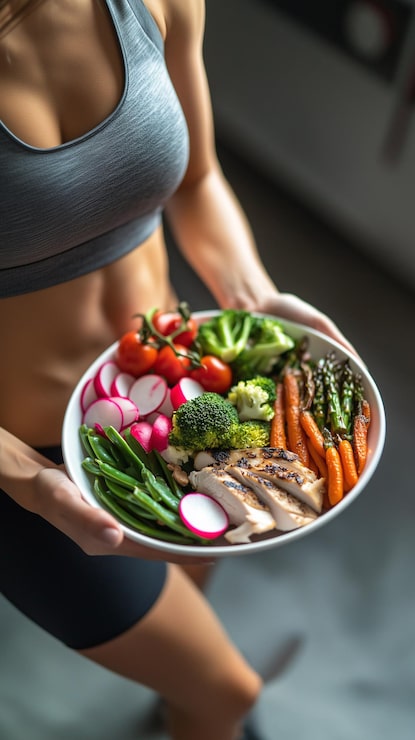 Foto um prato rico em nutrientes saudáveis, vegetais frescos e frango magro promove uma dieta equilibrada.