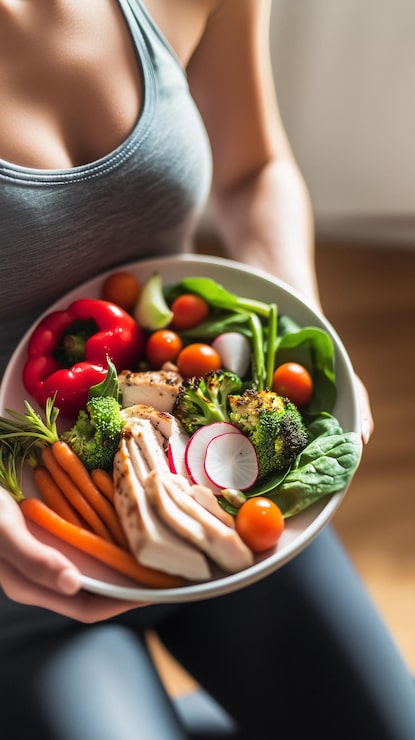 Foto um prato rico em nutrientes saudáveis, vegetais frescos e frango magro promove uma dieta equilibrada.