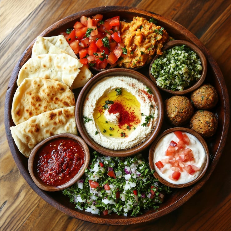 Foto um prato vibrante de mezze do oriente médio, incluindo hummus baba ganoush tabbouleh e falafel