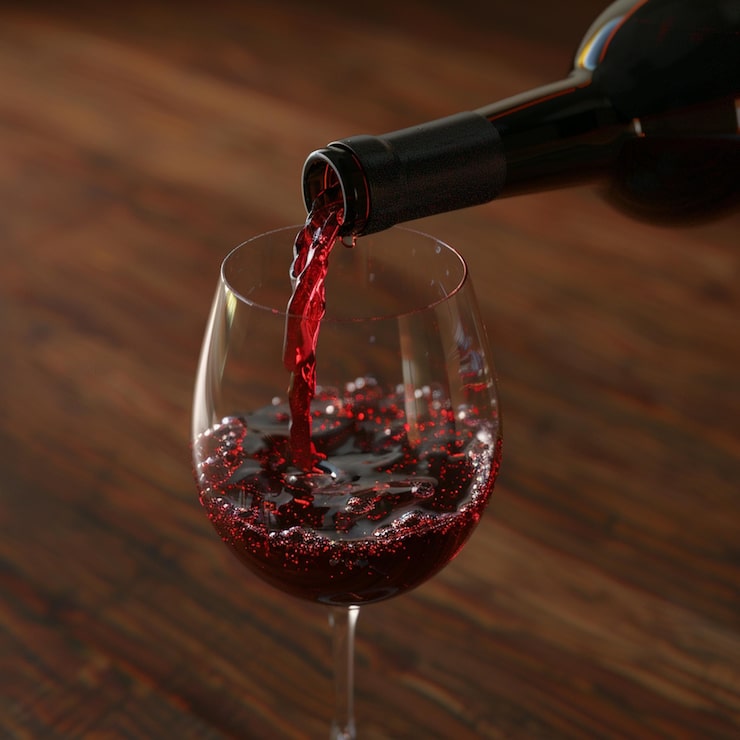 Foto uma garrafa de vinho a ser derramada num copo