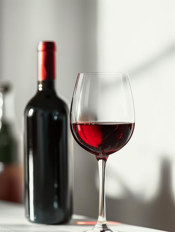 Foto uma garrafa de vinho vermelho sem rótulo e um copo de vinho estão em uma mesa