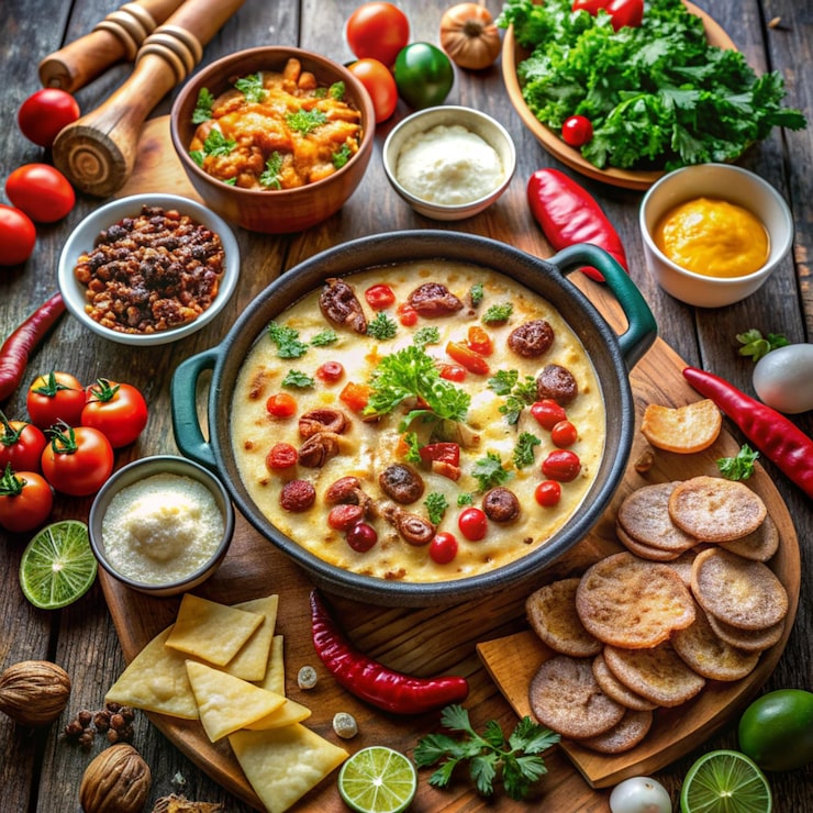 Foto uma mesa com uma tigela de comida, incluindo feijão, tomate e outros alimentos