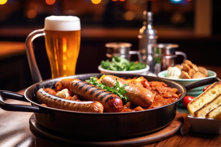 Foto uma panela de comida com um copo de cerveja