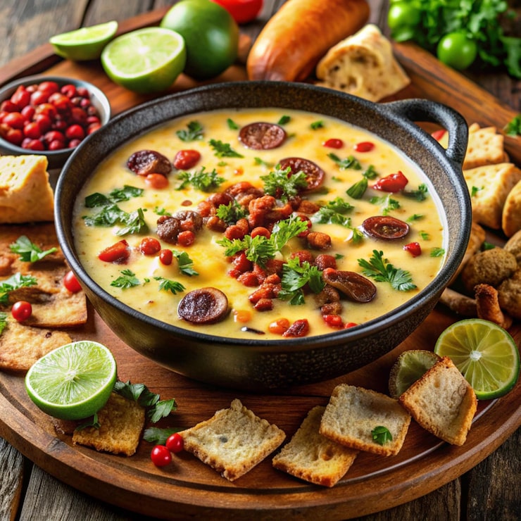 Foto uma panela de comida com uma panela de molho e pão sobre ela