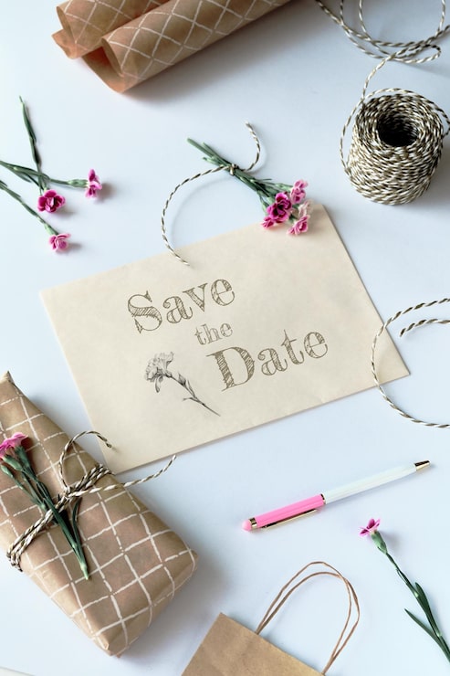 Foto umschlag und grußkarte mit frischem nelkenblütentext „save the date“ auf der karte