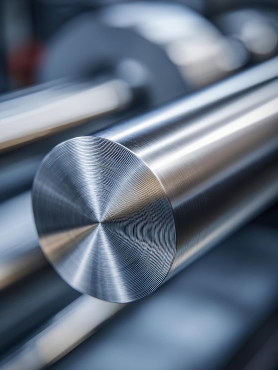 Foto varillas cilíndricas de metal pulido con patrones de superficie concéntricos finamente mecanizados, descansando en un entorno de taller industrial para ingeniería de precisión y fabricación.