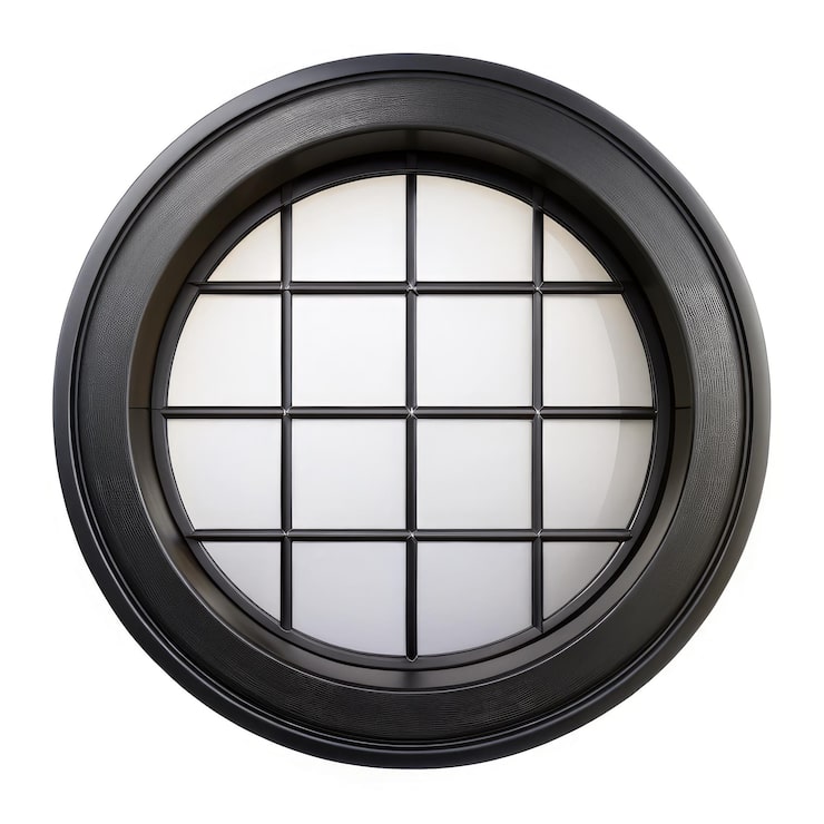 Foto ventanas redondas negras con diseño de cuadrícula que muestran un elemento arquitectónico moderno ia generativa