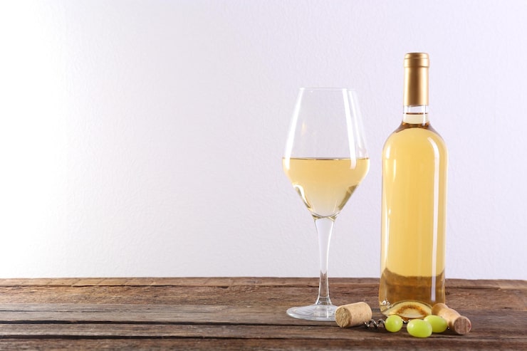 Foto vinho e uvas em uma mesa de madeira contra um fundo claro