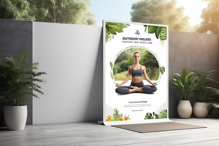 Foto virtual reality outdoor yoga und wellness poster mockup mit leerem weißen leeren raum für die platzierung ihres designs