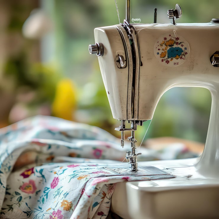 Foto vista de cerca de la máquina de coser