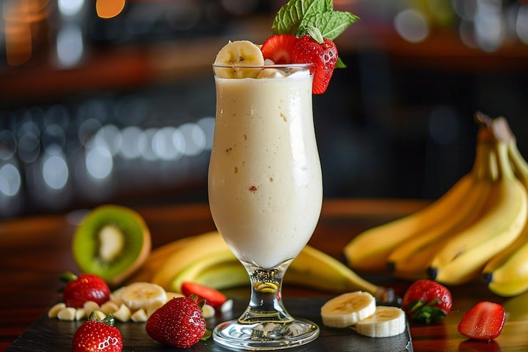 Foto vista do delicioso milk-shake de banana com frutas