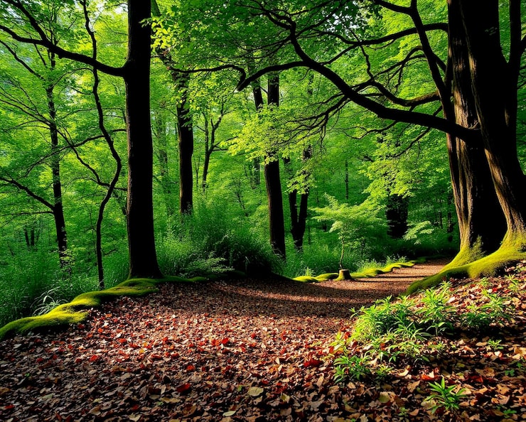 Foto vista panorámica de vibrantes humedales verdes con sinuosos caminos de agua y una pequeña cabaña