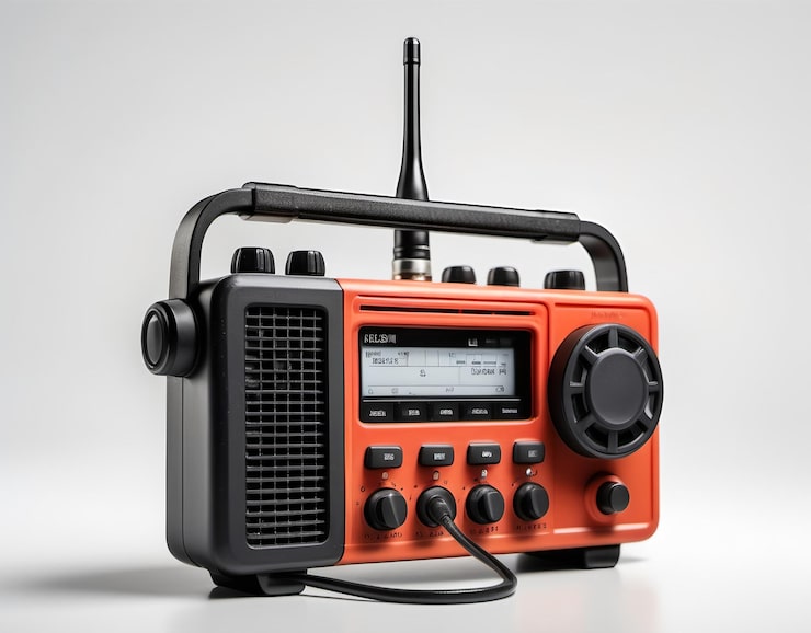 Foto vista en primer plano de una radio de bomberos con una antena extendida y un diseño robusto en un ba blanco claro