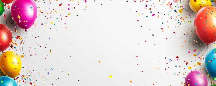 Foto weißer hintergrund mit bunten ballons und konfetti an den rändern