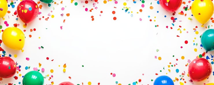 Foto weißer hintergrund mit bunten ballons und konfetti an den rändern