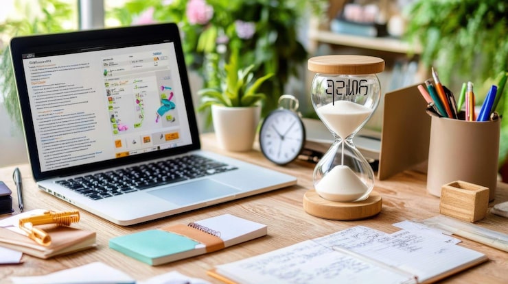 Foto zeitmanagementkonzept mit hourglass-laptop und notebook