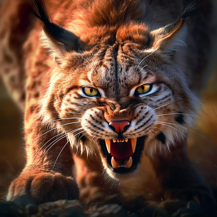 Foto zu sehen ist ein luchs mit gelben augen und einer großen gelben nase.