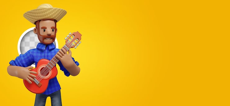 免費 PSD festa junina 穿著民俗服裝的角色,並有吉他 3d 插圖