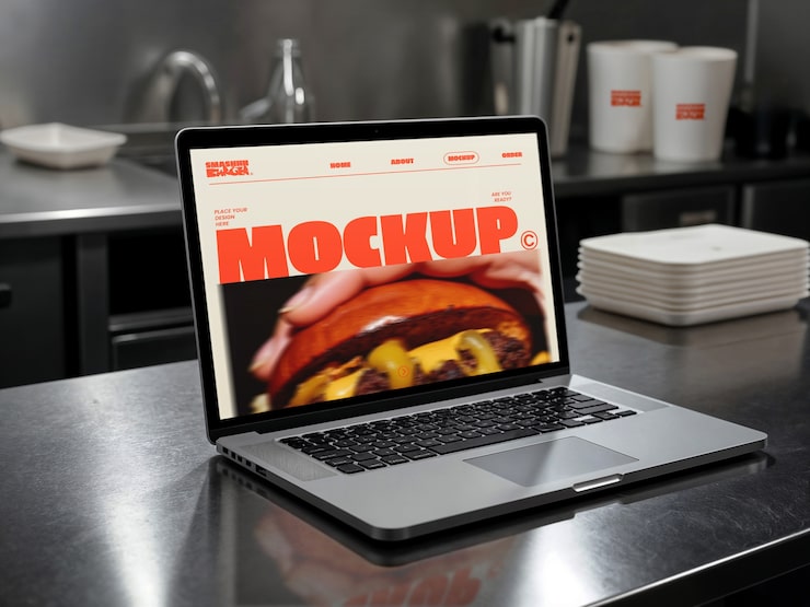 Laptop mockup on a stainless steel counter in a kitchen setting