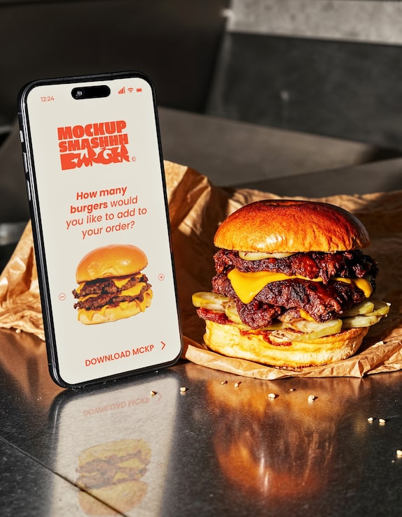 Smash burger mockup with smartphone and order prompt