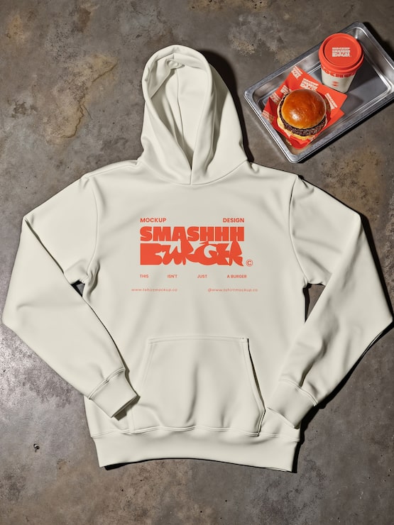 White hoodie mockup with burger