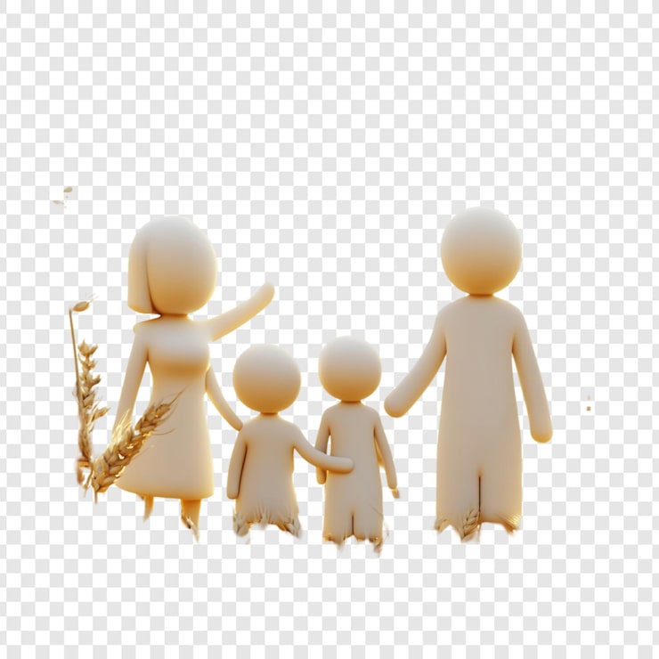 Kostenlose PSD 3d-rendering einer glücklichen familie auf einem weizenfeld bei sonnenuntergang