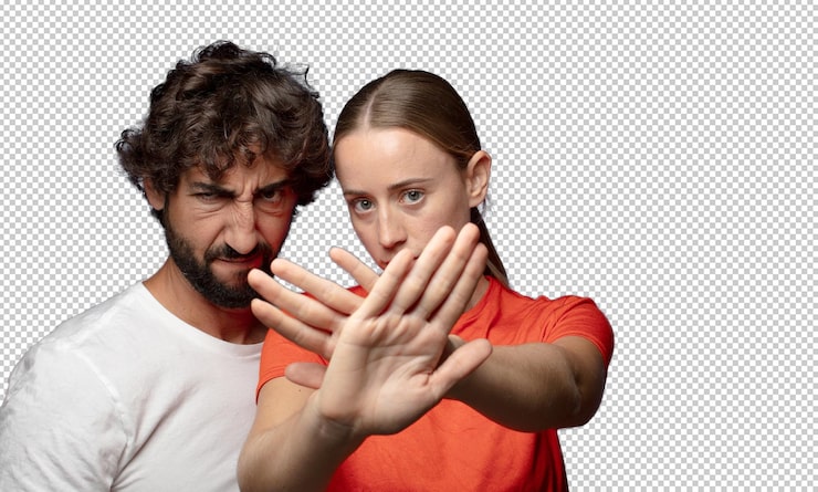 Kostenlose PSD bedecken sie das gesicht mit der hand und legen sie die andere hand nach vorne, um zu verhindern, dass die kamera fotos oder bilder ablehnt