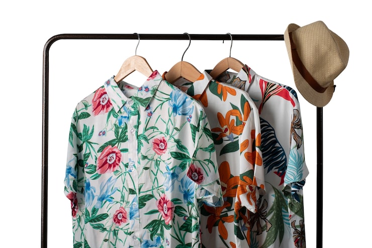 Kostenlose PSD blick auf ein hawaiihemd mit kleiderständer